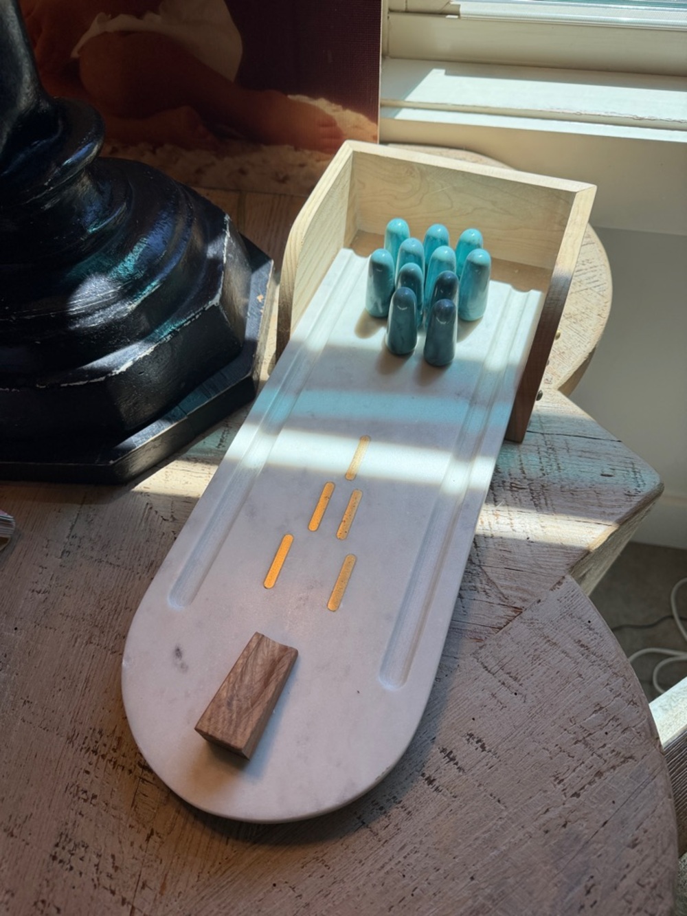 Anthropologie Marble & Wood Mini Bowling Set with Teal Pins